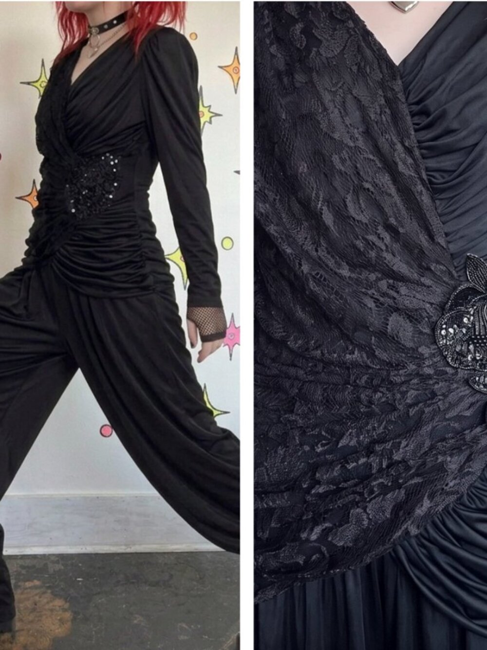 Vintage~ 80s Black Ruched Lace Jumpsuit ~Goth Glam Formal Party Gown – Size 16